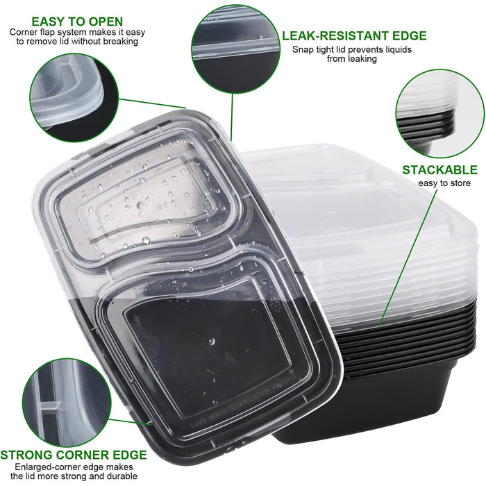 Набір контейнерів для їжі Meal Prep, 20 шт., 32 oz (2 відділення) - BPA Free, для мікрохвильової печі, морозильника та посудомийної машини
