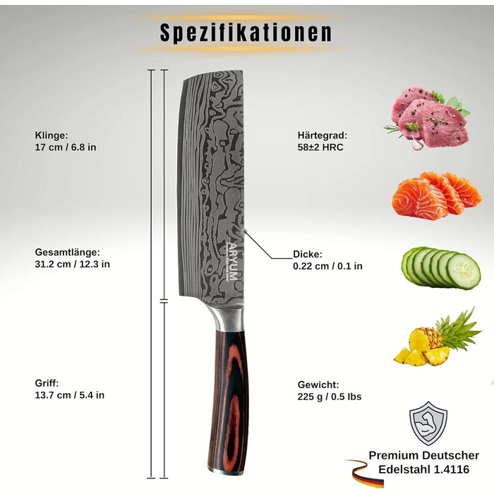 Nakiri Messer Aryum Premium 17 см - Японський ніж для овочів з нержавіючої сталі, ергономічний, гострий та довговічний