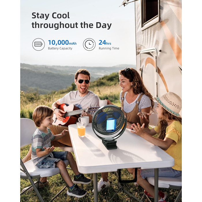 Вентилятор Koonie 10000 mAh з кліпсою, 20 см, портативний USB, акумуляторний, 4 швидкості, 360° оберт, тихий, для дому, офісу, дитячої коляски, кемпінгу, гроу-тента (блакитний)