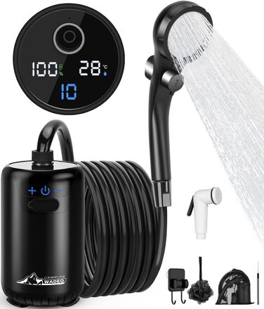 WADEO Portable Camping Shower Battery with Pump, Camping Shower with Rechargeable 6000/8000mAh Battery, Mobile Showers Outdoor Showers with Shower Head and Hose, for Camping, Travel, Garden, Car Washing (Black, 10 Gänge and with Double Digital Display)