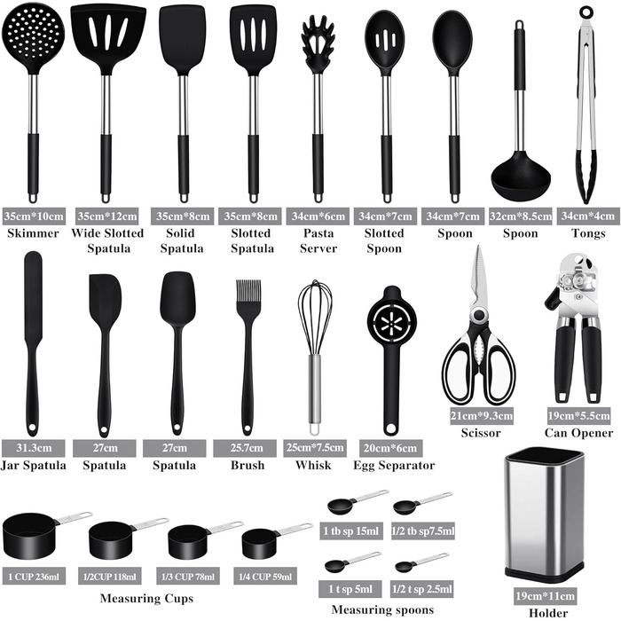 Kitchen Helper Set, 26-Piece Silicone Kitchen Utensils Set, Heat-Resistant Cookware with Utensil Holder, Silicone Spatulas, Cooking Spoons, Anti-Stick Spatulas, BPA Free, Dishwasher Safe, Black
