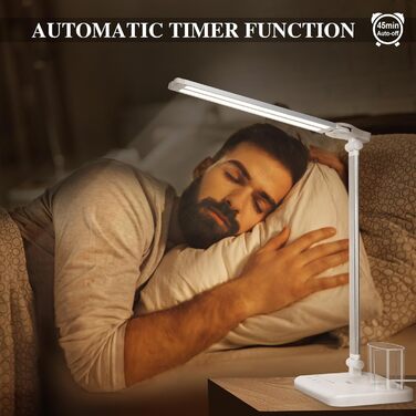 iVict LED лампа для столу з двома шарнірними руками, сенсорне керування, 5 режимів, таймер, USB-порт, пам'ять, для дітей, біла