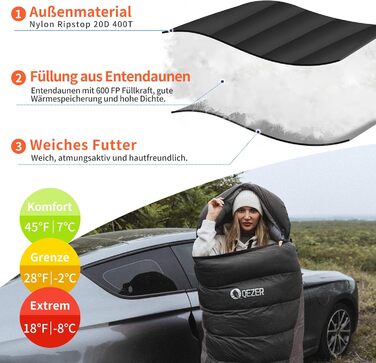 Спальний мішок пуховий, зимовий, 600FP+, 12°C/-24°C, легкий та теплий, для 3-4 сезонів, кемпінг, трекінг, чорний