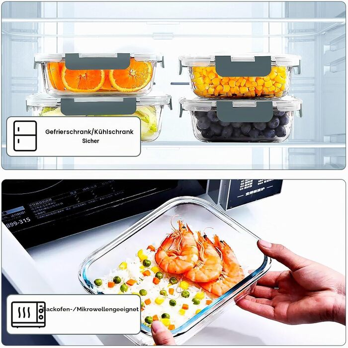 Набір скляних контейнерів для зберігання продуктів Verones, 10 шт., герметичні, сірі - для холодильника та морозилки