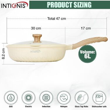INTIGNIS® Преміум сковорода з кришкою, антипригарна, 30 см, глибока, сумісна з усіма типами плит (включно з індукцією), без хімікатів, з надзвичайною антипригарним покриттям (біла, 30 см)