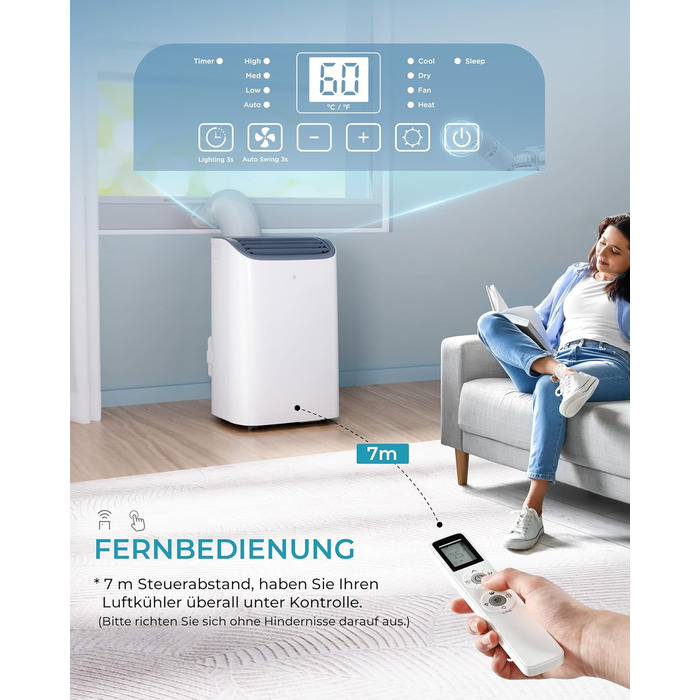 Мобільний кондиціонер 9000 BTU з вихідним шлангом | 4-в-1 | Тиха робота <48 dB | Digital display + пульт | Комплект для встановлення у вікно | Таймер 24h | Для приміщень до 25 м² (12000 BTU)