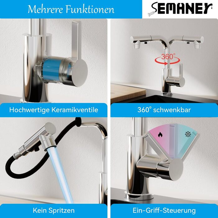 Кухонний змішувач SEAMENEY з висувною лійкою, поворотний 360°, з донним клапаном, хром, 3 режими, для кухні