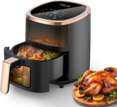 Фритюрниця повітряна 6L з 8 програмами, Rapid Air, сенсорний екран, вікно, 200°C, 1200W, для миття в посудомийній машині, без олії, гриль, випічка, запікання (Білий) (Чорний)