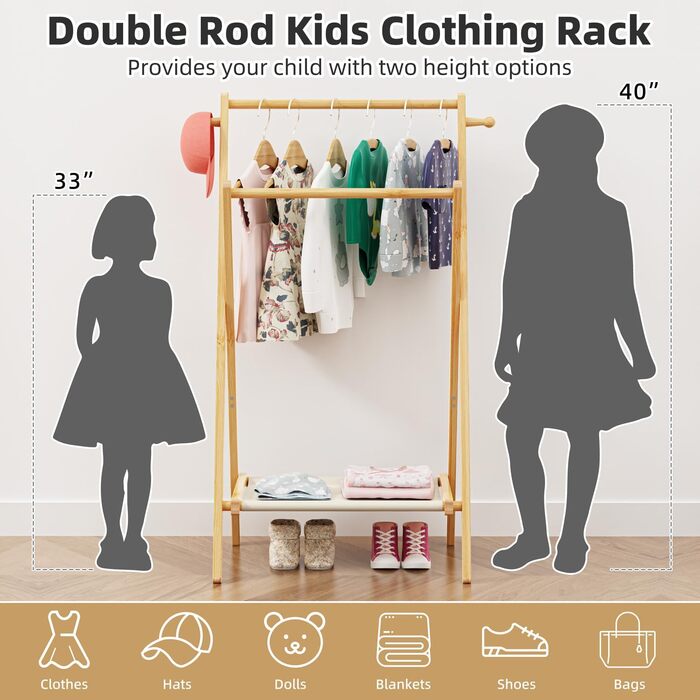 Kids' Clothes Rack, Small Clothes Rack for Toddlers and Pets, Dress-Up Rack with Storage Shelf and Double Rods, Folding Clothes Rack for Kids' Rooms (Standard Size) (Small Size)