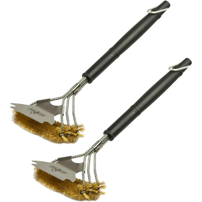 3X Grillfürst Premium Grill Brush with Brass Bristles, 45 cm - Grill Cleaning Brush for Grill Grates, Grill Grate Brush with wide 3-fold brush head and scraper (2x Brass with scraper)