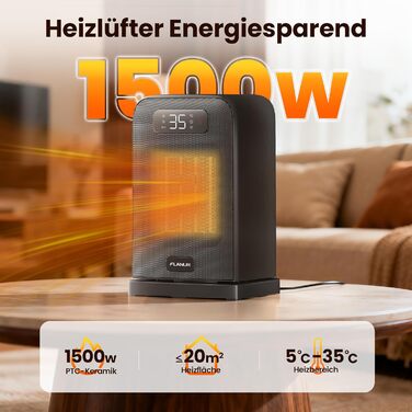 Електричний обігрівач 1500W з PTC керамічним нагрівачем, тихий, з термостатом та пультом дистанційного керування, ECO режим, 70° осциляція, 12h таймер, захист від перегріву та перекидання, чорний, 26 см
