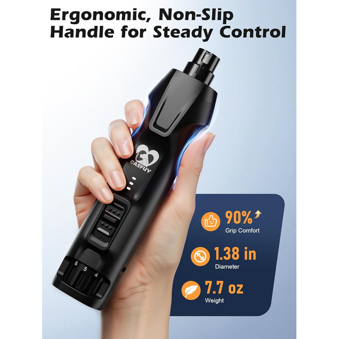 Електричний точило для собачих кігтів Casfuy - 6 ступенів, тихе, з LED-підсвіткою та збирачем пилу, 4.8V, для великих собак (чорний)