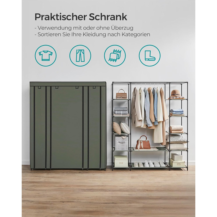 SONGMICS Wardrobe, Clothes Closet, with Clothes Rail and Shelves, Fabric Cover, for Bedroom, Dressing Room, 150 x 45 x 175 cm, LSF03H (Light Beige)