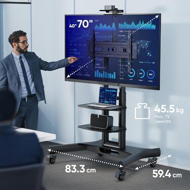 Підставка для телевізора ONKRON TS1552-B на колесах, 40-70 дюймів, до 45,5 кг, VESA 600x400, з регулюванням висоти та 2 полицями