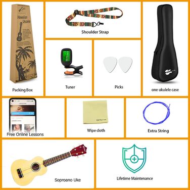 Укулеле Everjoys Sopran 21 дюйм - Початковий набір для дорослих з чохлом, тюнером, нотами, струнами та медіатором