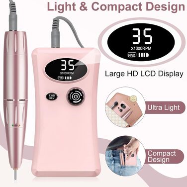 Електрична машинка для манікюру Urbuti 11 в 1, 35000 об/хв, USB, рожева. Набір для професійного манікюру з фрезерами для гелю та лаку