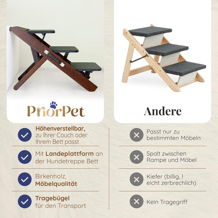 Сходинки для собак на ліжко та диван 2-в-1 - регульована рамка для собак, 18-50 см - для маленьких собак - легка переносна сходинка з платформою, натуральний колір (коричневий)