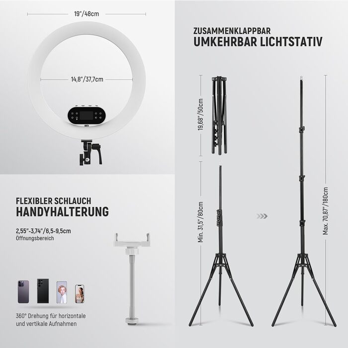 NEEWER Комплект кільцевого світла для фото та відео: 48 см, 52 Вт, регульоване LED, штатив, Bluetooth, для смартфона, YouTube, селфі (RH100B)