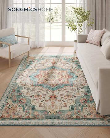 Килим SONGMICS HOME Vintage, 120x170 см, для вітальні, спальні, кухні, коридору, їдальні, миючий, з антиковзаючим покриттям, аквамарин (TAR032G01)