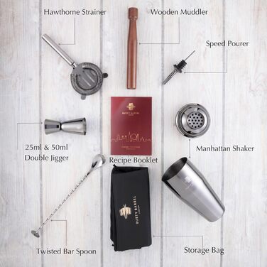 Rusty Barrel Knightsbridge Cocktail Set – Black Stainless Steel Shaker, Wooden Muddler, Bar Strainer, Jigger, Pourer, Coasters, Spoon & Recipe Booklet | Cocktail Accessories in a Luxurious Gift Box