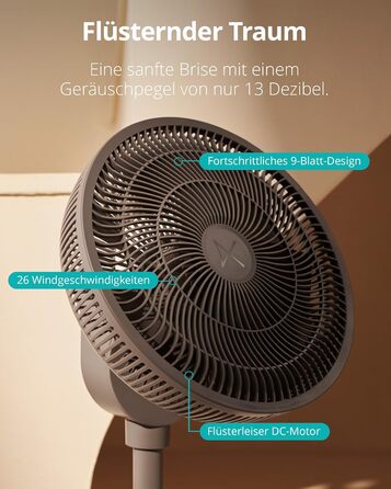 Вентилятор підлоговий Duux Whisper 2 - тихий, з регулюванням висоти (73-95 см), горизонтальна та вертикальна осциляція, сірий