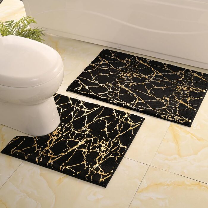 QJHOMO Non-Slip Bath Mat Washable, Bathroom Rug, Toilet Rug with Cutout Black Bathroom Carpet, Gold Decorative Toilet Rug Luxury Bathroom Accessories, soft Microfiber Absorbent Bath Rug 50x50 cm 50 x 50 cm with Toilet Cutout Black and Gold