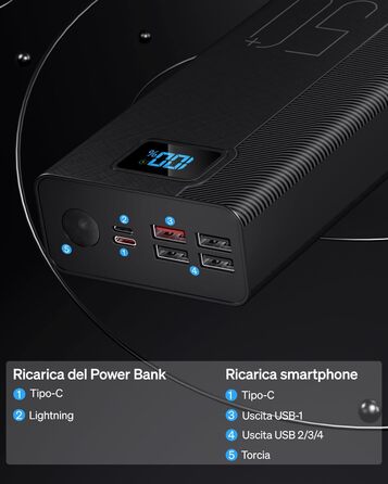 Power Bank 50000 mAh з вбудованим кабелем, швидка зарядка 22.5W, LED ліхтарик, 7 портів (3 входи) - портативний акумулятор