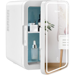 COSTWAY 10L Skincare Fridge - Mini Glass Door Fridge with Touch Screen Mirror & Cooling/Heating for Beauty & Cosmetics