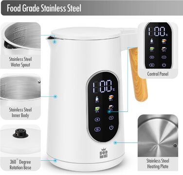 Електричний чайник ForMe з нержавіючої сталі 1.7L з регулюванням температури 40-100°C, LED дисплеєм, функцією підтримання тепла, BPA Free, білий