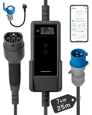 Зарядний пристрій для електромобіля Dé Mobile Wallbox 7.4 кВт з Wi-Fi, кабель Type 2 6м, 6-32A. Сумісний з Tesla Model Y/3, VW ID.3/4/5/7, Skoda Enyaq