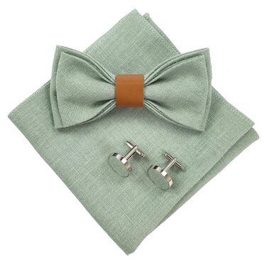 Набір чоловічих аксесуарів Leinen: краватка-метелик зі шкіри, підтяжки зі шкіри, нагрудна хустка, запонки - світло-зелений