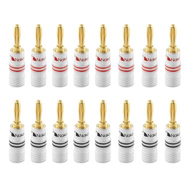Nakamichi 24K позолочені бананові конектори 12-18 AWG (16 шт.) для аудіокабелів, підсилювачів, Hi-Fi, AV-ресиверів, домашнього кінотеатру