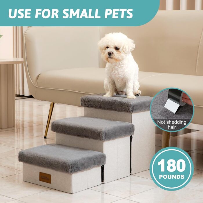 Pet Stairs for Small Dogs with Storage, Folding Dog Stairs for Sofa Couch, Dog Stairs Dog Ramp with Non-Slip Bottom, Leak-Proof, Up to 80kg, 33x63x35cm, 3 Steps, Grey