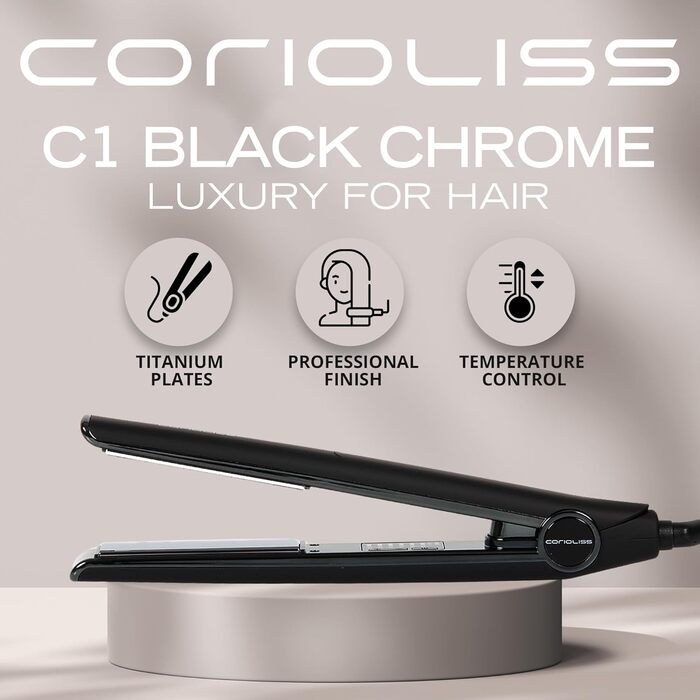 Випрямляч для волосся Corioliss C1 | Професійний випрямляч з титановими пластинами для тонкого волосся | Чорний Soft Touch Chrome