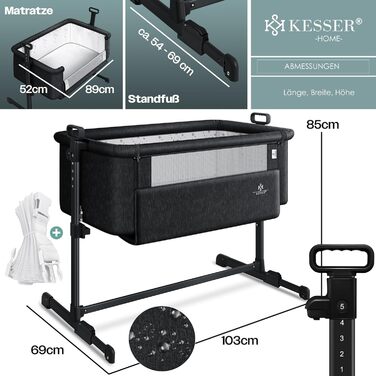 KESSER® Hubi 3in1 Delivery Bed, Baby Bedside Bed, Travel Bed, Baby Bed with Soft Mattress, Mobile Bed with Wheels, 5-Level Height Adjustment, Foldable Side Rail for Home and On the Go, Beige