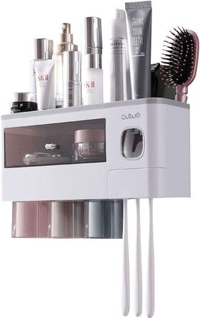 Automatic Toothpaste Dispenser Wall-Mounted, Space-Saving Toothbrush Holder for Bathroom, 3 Transparent Magnetic Cups, 6 Toothbrush Slots, 1 Cosmetic Organizer Drawer (3 Cups)
