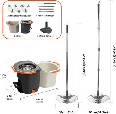 Набір для миття підлоги з відром, моп з функцією віджиму, складне відро з педаллю та 2-камерним відром, повний набір з 3 мікрофібрових насадок для ламінату, паркету та плитки (темно-сірий)