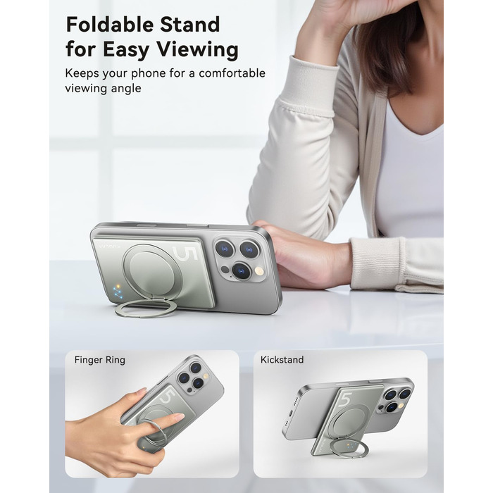 Powerbank Kuulaa MagSafe 5000mAh, Швидка зарядка, USB-C, для iPhone 17/16/15/14/13/12/Pro/Pro Max, срібло