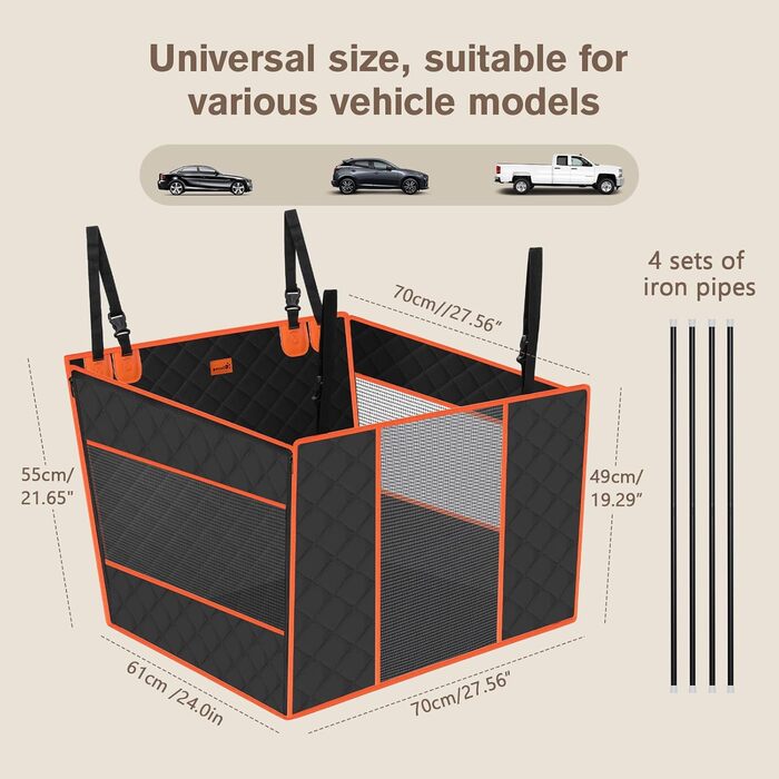 Автомобільний лежак для собак Pecute XL 70x61x55 см - міцний, для середніх та великих собак, з 4 ременями, для заднього сидіння