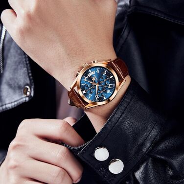 Годинник чоловічий OLEVS Vintage з шкіряним ремінцем, великий циферблат, водонепроникні, аналогові годинники з датою (2878, блакитний циферблат/коричневий ремінець)