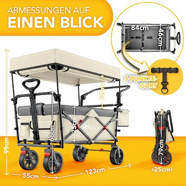 TRESKO® Розкладний вагончик з дахом, кишеньою-холодильником та бічними ролетами | Вагончик для перевезення вантажів до 150 кг | З повного гумового покриття коліс та гальмами (передні та задні) та 3-точковим ременем безпеки (Зелений) (Бежевий)