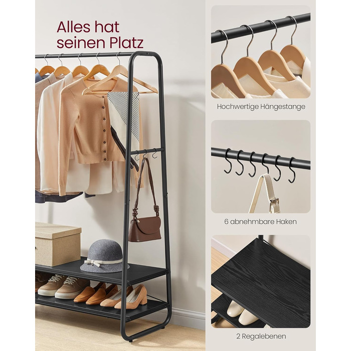 VASAGLE Clothes Rack, Coat Stand, Coat Rack, 2 Shelves, 6 S-Shaped Hooks, Steel Frame, for Bedroom, Hallway, Entrance Area, Cloud White-Matte White RGR112W02 (Ebony Black-Matte Black)
