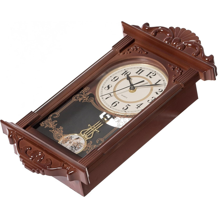 Clockwise Vintage Grandfather Wood-Look Plastic Pendulum Decorative Battery-Operated Wall Clock Brown for Office, Home Decor, Living Room, Kitchen or Dining Room, Brown