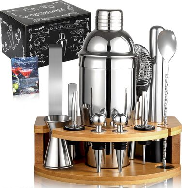 12-Piece Cocktail Shaker Set, 750ml Stainless Steel Cocktail Set with Bamboo Stand & Recipe Book, Cocktail Shaker Set, Gift for Men, Women (Home Bar, Party, Wedding)