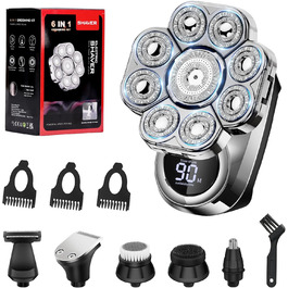 Електричний гоління для чоловіків Glatzen 9D – гоління голови, мокрого та сухого типу, водонепроникний, з LED дисплеєм, блокуванням від подорожей, набір для догляду з 6 насадками для обличчя та тіла