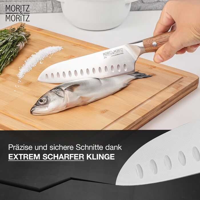 Ніж Santoku Moritz & Moritz 18 см - професійний кухонний ніж у японському стилі з надзвичайно гострою клинком - для м'яса, суші та іншого. Ергономічна ручка з акації. Німецька сталь Santokumesser