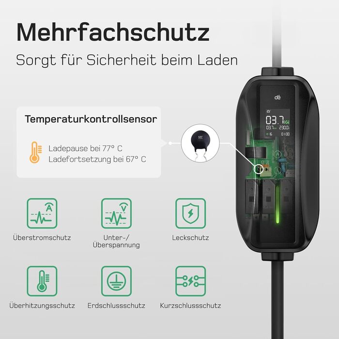 Кабель зарядки Schuko 3.68kW для електромобілів, 6м, 6-16A з цифровим дисплеєм