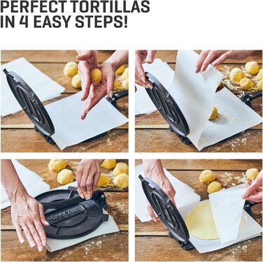 Cast Iron Tortilla Press - Taco & Roti Maker with 100 Sheets of Baking Paper - 8 Inch Kitchen Gadget for Tortillas, Roti, Tawa, Dosa & Dumplings