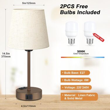 Настільна лампа Kakanuo з торшером, 2 шт., з USB-портами та диммуванням, для спальні, вітальні, дитячої кімнати, офісу