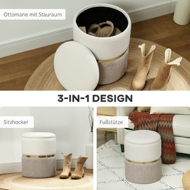 HOMCOM Storage Ottoman with Lid, Metal Ring, Two-Tone Design Round Footstool Upholstered Ottoman, Chenille 36 x 36 x 44 cm Cream White | Aosom
